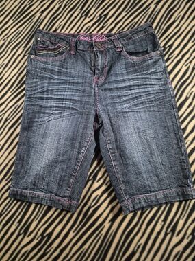 Tres Chic Women's Dark Wash Denim Shorts with Pink Contrast Stitching